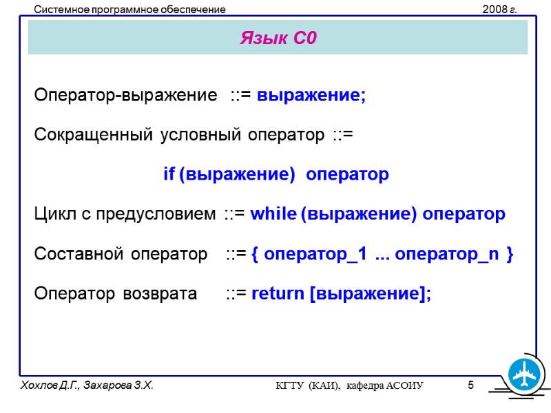 Язык С0 Оператор-выражение  ::= выражение; Сокращенный условный оператор ::=  if (выражение) 